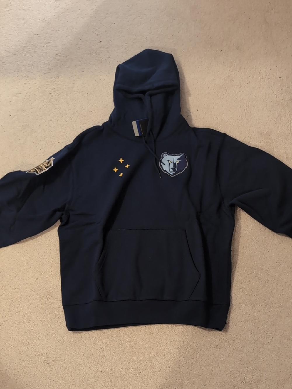 Men's Navy Blue Hooded Pullover Sweatshirt With Grizzly And Ovo Logo